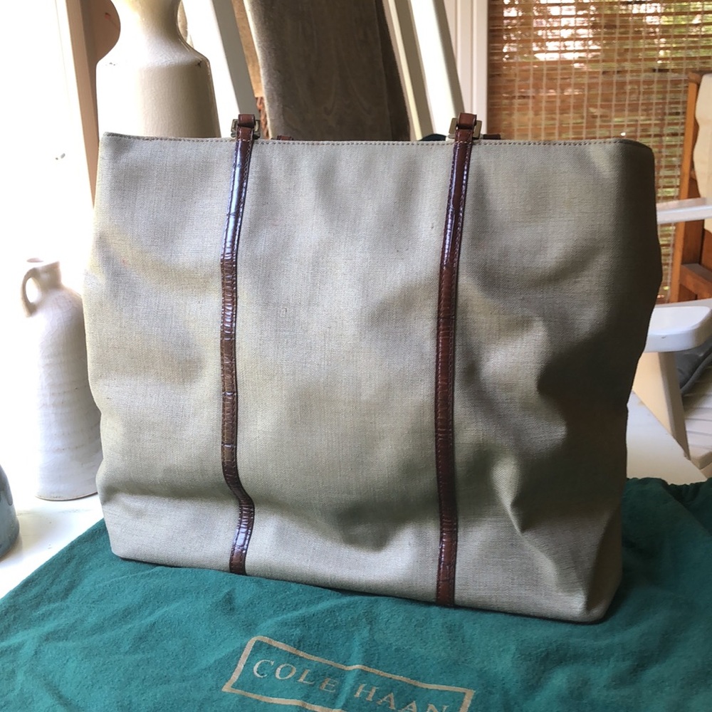 Classic Cole Haan Linen-Canvas and Faux Croc Leather Shoulder Bag Shopper - Picture 3 of 11